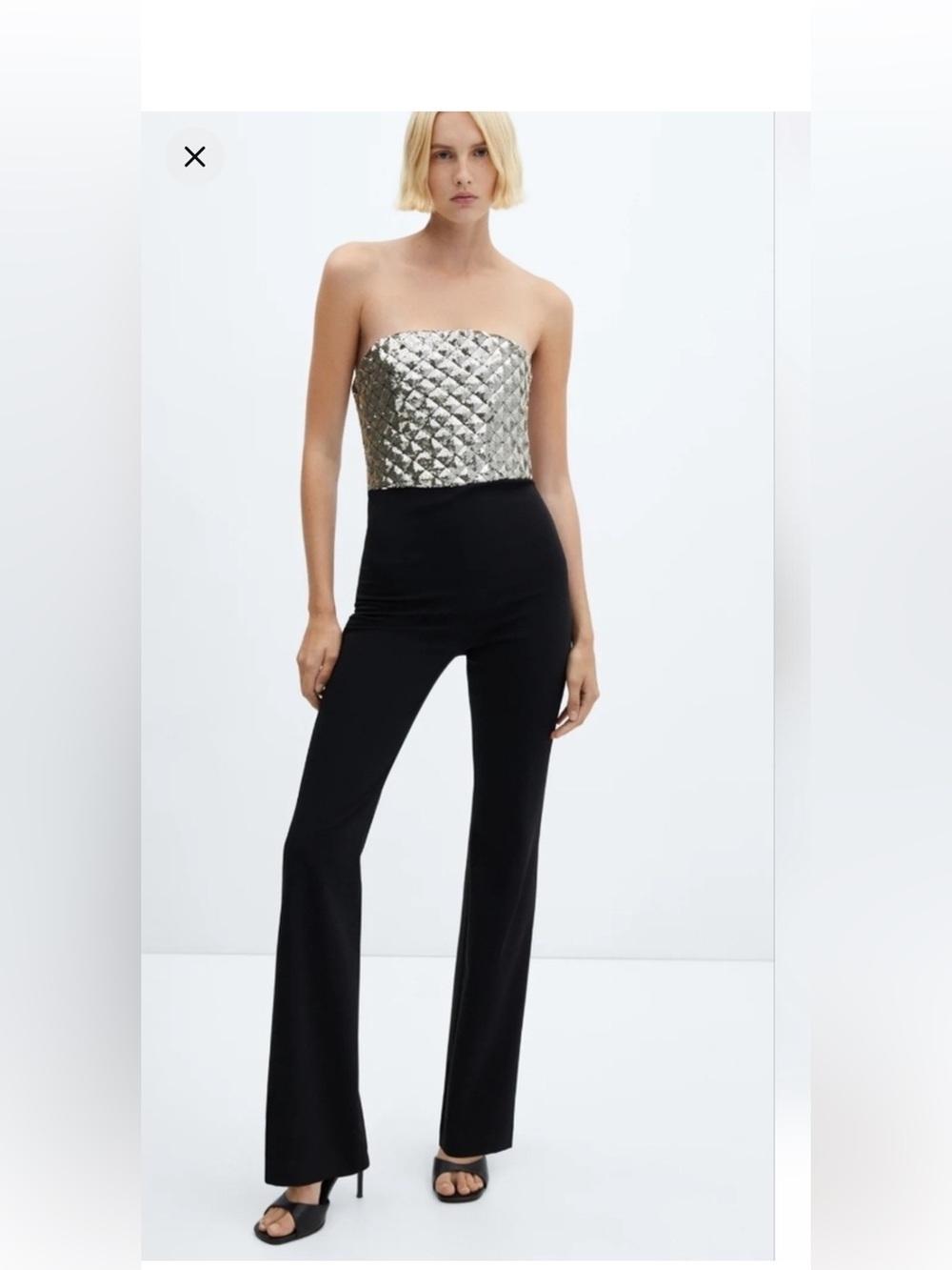 Mango Silver Quilted Strapless Top Black Flare Jumpsuit
